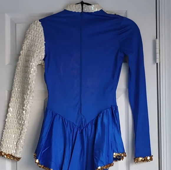 Small Ladies Blue & White Sequin Figure Skating Dress with Gold Trim - Picture 3 of 7